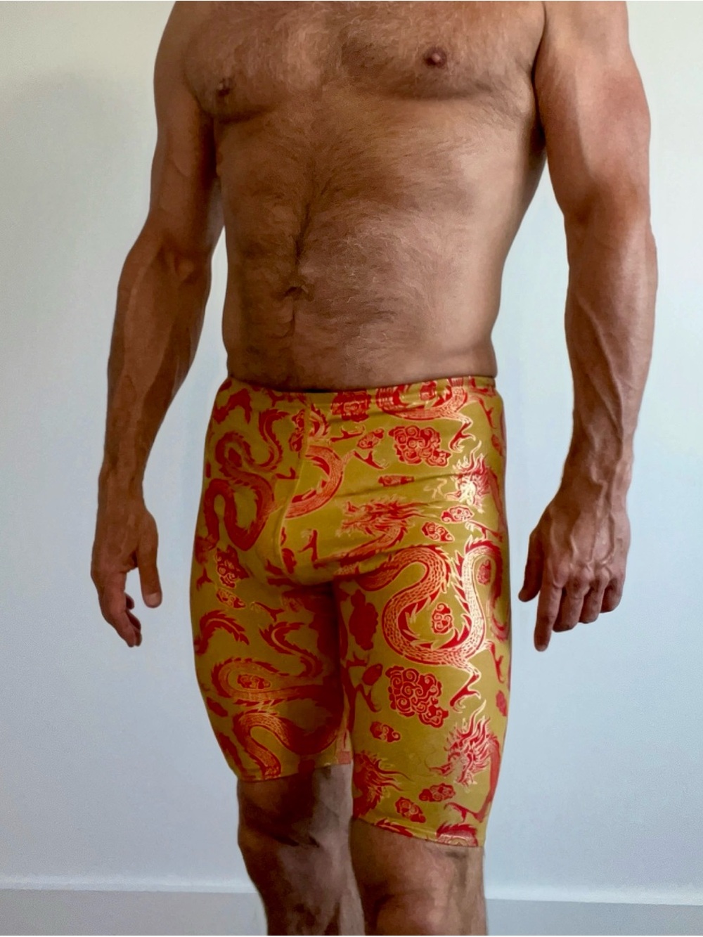 Men's Gold & Red Dragon Print Swim Jammer, Small, EUC